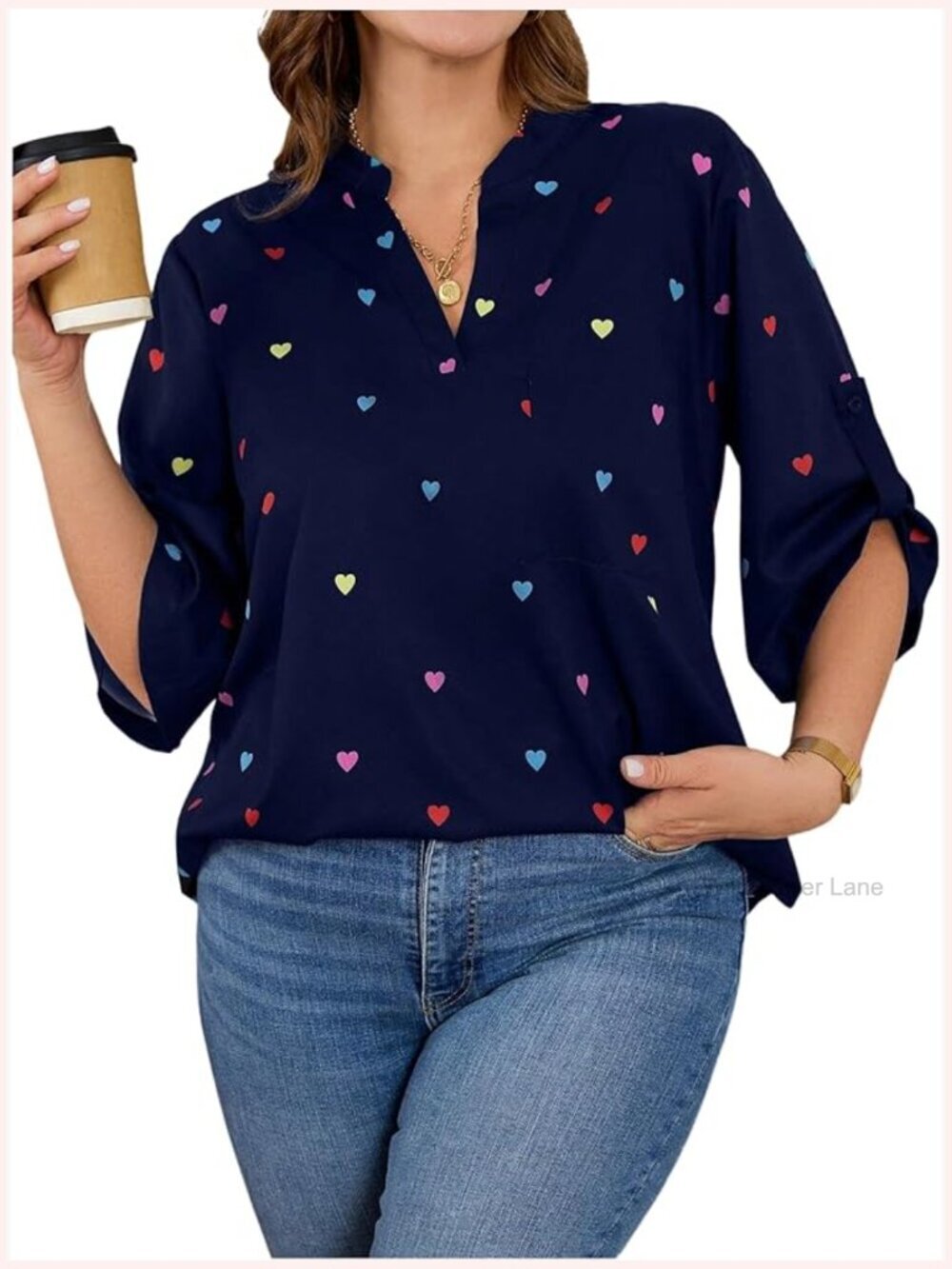 Plus Size Heart Print Blouse V Neck Half Sleeve Tunic Shirt